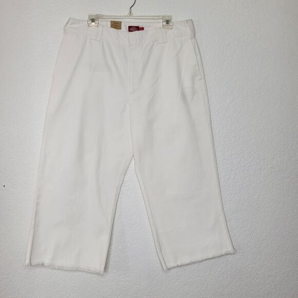 Dickies Size 15 Juniors White Relaxed Fit High Rise Fray Hem Cropped Work Pants - Picture 3 of 14
